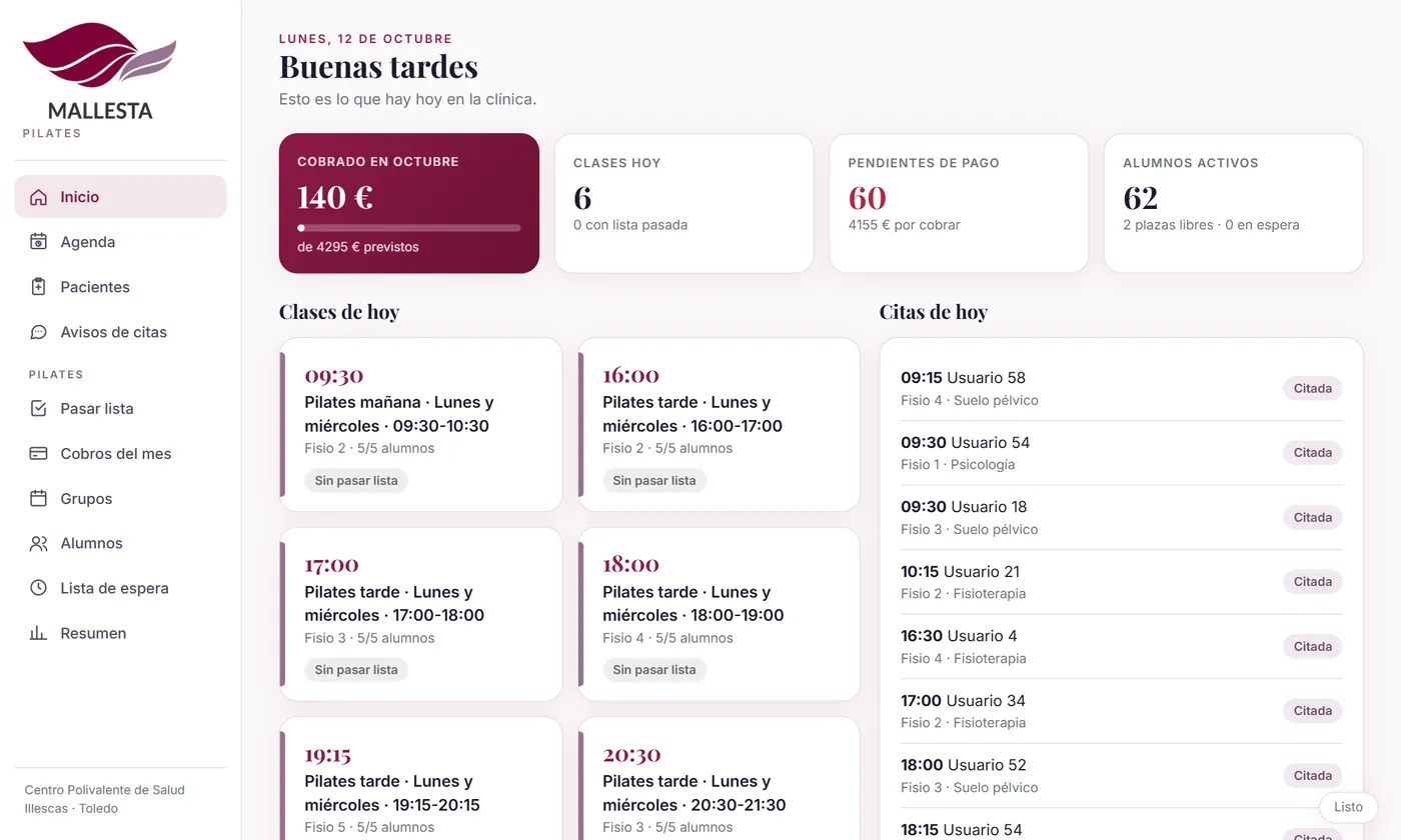 App de gestión de Mallesta: Inicio: cobros, clases y citas del día