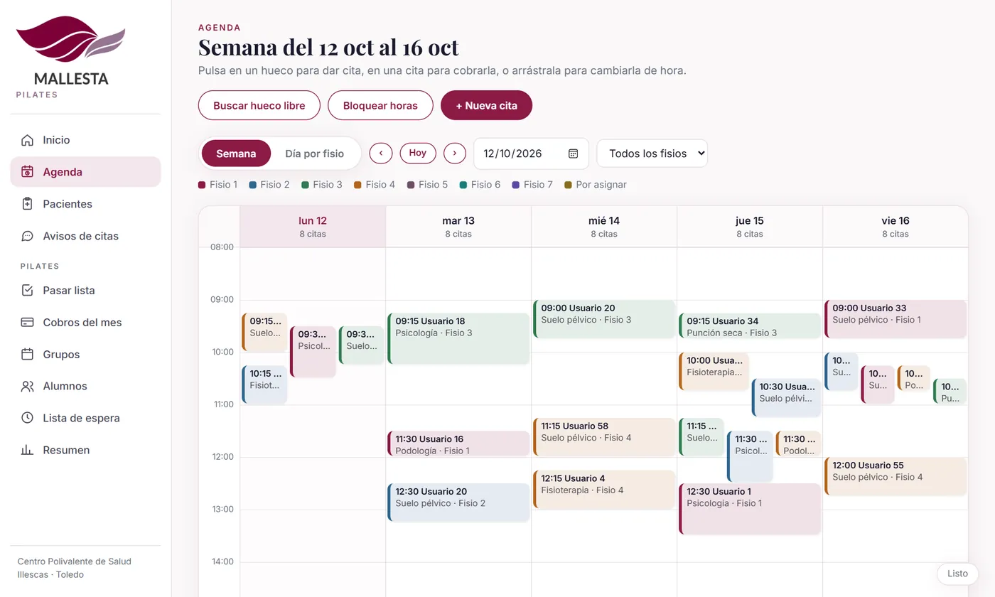 App de gestión de Mallesta: Agenda semanal por fisioterapeuta