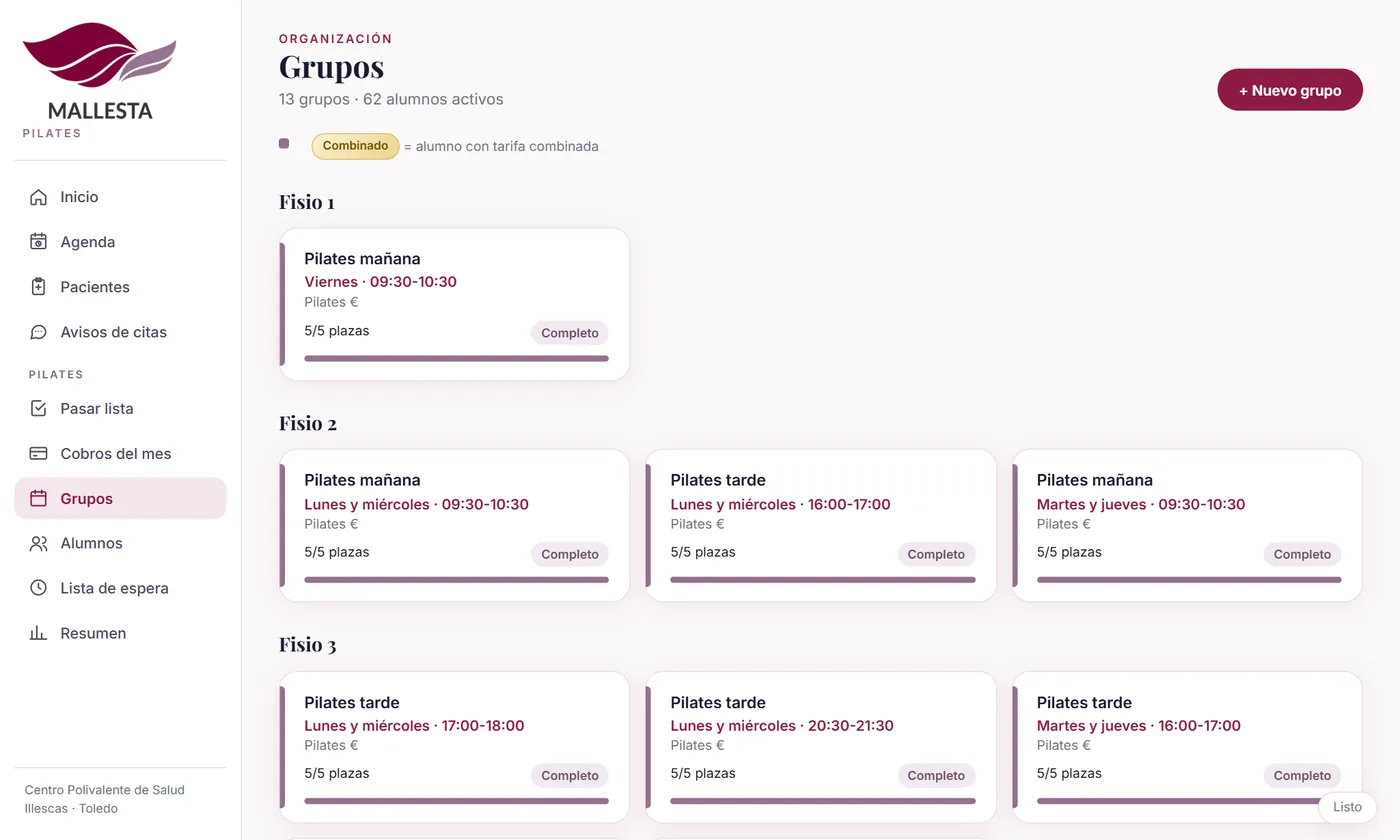App de gestión de Mallesta: Grupos de pilates y plazas