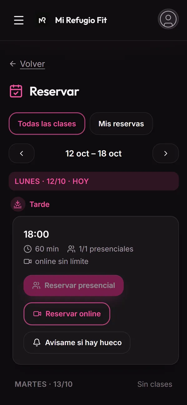 Mi Refugio Fit: Reserva de clases presenciales u online
